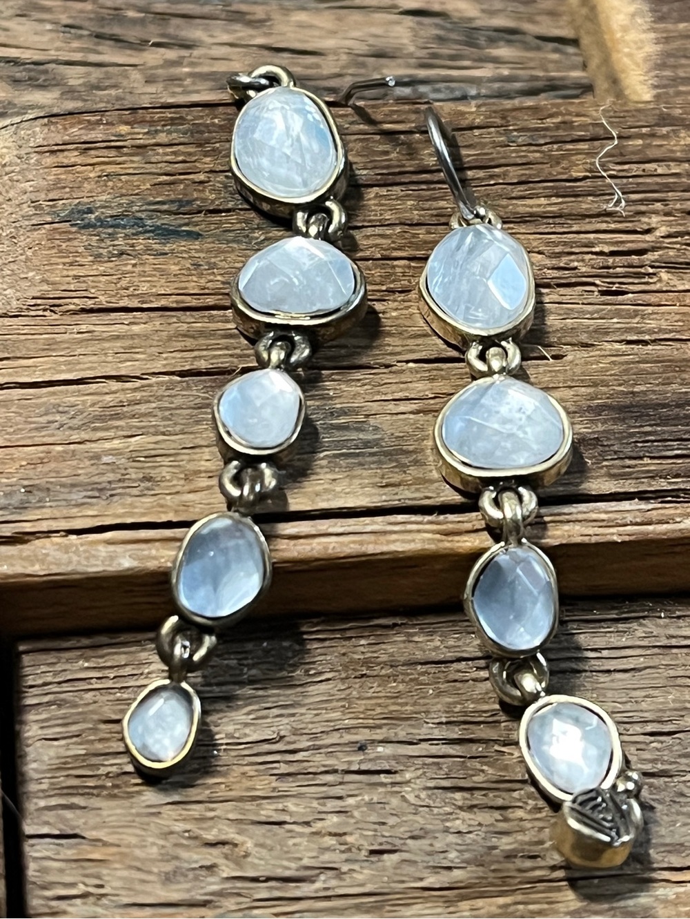 Silvertone Bezel Set Oval Faceted  Moonstone Pierced Earrings 2.5" Dangles
